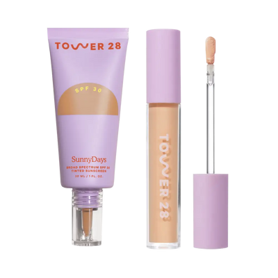 Tower 28's Everyday Base-ics Set includes SunnyDays™ SPF 30 provides light-medium buildable coverage and UV protection, as well as Swipe Serum Concealer covers dark circles, redness, and blemishes with a skin-like natural finish. [Shared]