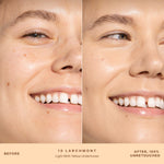 A person's face before and after applying SunnyDays™ Tinted SPF 30 in the shade 10 Larchmont, revealing sheer, buildable coverage that visibly evens skin tone and softens discoloration while maintaining a natural, skin-like finish. [10 Larchmont]