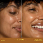 A person's face before and after applying SunnyDays™ Tinted SPF 30 in the shade 50 Sunset, revealing sheer, buildable coverage that visibly evens skin tone and softens discoloration while maintaining a natural, skin-like finish. [50 Sunset]