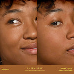 A person's face before and after applying SunnyDays™ Tinted SPF 30 in the shade 55 Temescal, revealing sheer, buildable coverage that visibly evens skin tone and softens discoloration while maintaining a natural, skin-like finish. [55 Temescal]