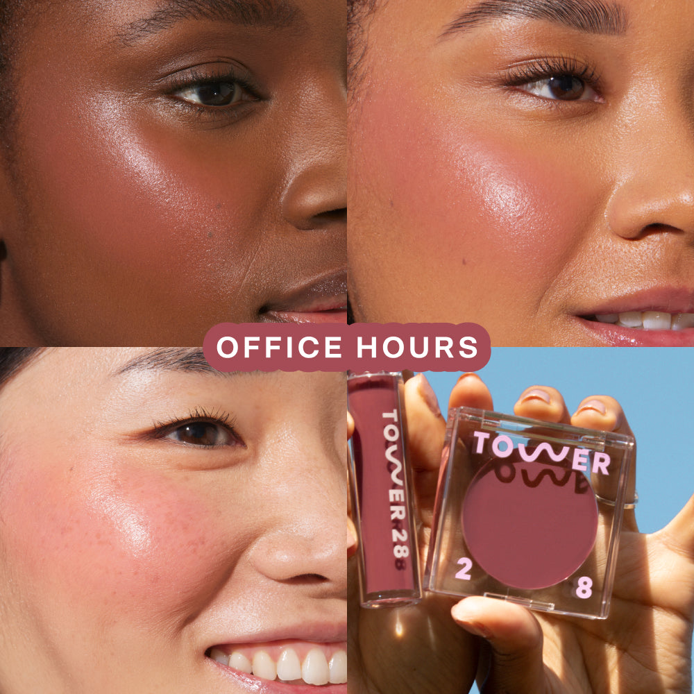 Office Hours [A quad showing Tower 28 Beauty BeachPlease Cream Blush in Office Hours on three different models with light, medium, and deep skin tones.]