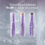 Three Tower 28 lip products on a textured gray background with cooling effect text. [Shared]