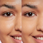 Shade: Balboa Banana [The Tower 28 Beauty GetSet Blur + Set Pressed Powder’s effects are shown in this Before and After comparison in the shade Balboa Banana.]