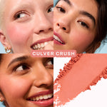 Various shots of Tower 28 Beauty’s GetSet Powder Blush in the shade Culver Crush are shown, including swatches on different skin tones, open compacts, and a crushed coral pigment. [Culver Crush]