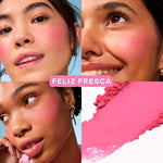 Various shots of Tower 28 Beauty’s GetSet Powder Blush in the shade Feliz Fresca are shown, including swatches on different skin tones, open compacts, and a crushed pink pigment. [Feliz Fresca]