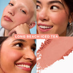 Various shots of Tower 28 Beauty’s GetSet Powder Blush in the shade Long Beach Iced Tea are shown, including swatches on different skin tones, open compacts, and a crushed rosy pigment. [Long Beach Iced Tea]
