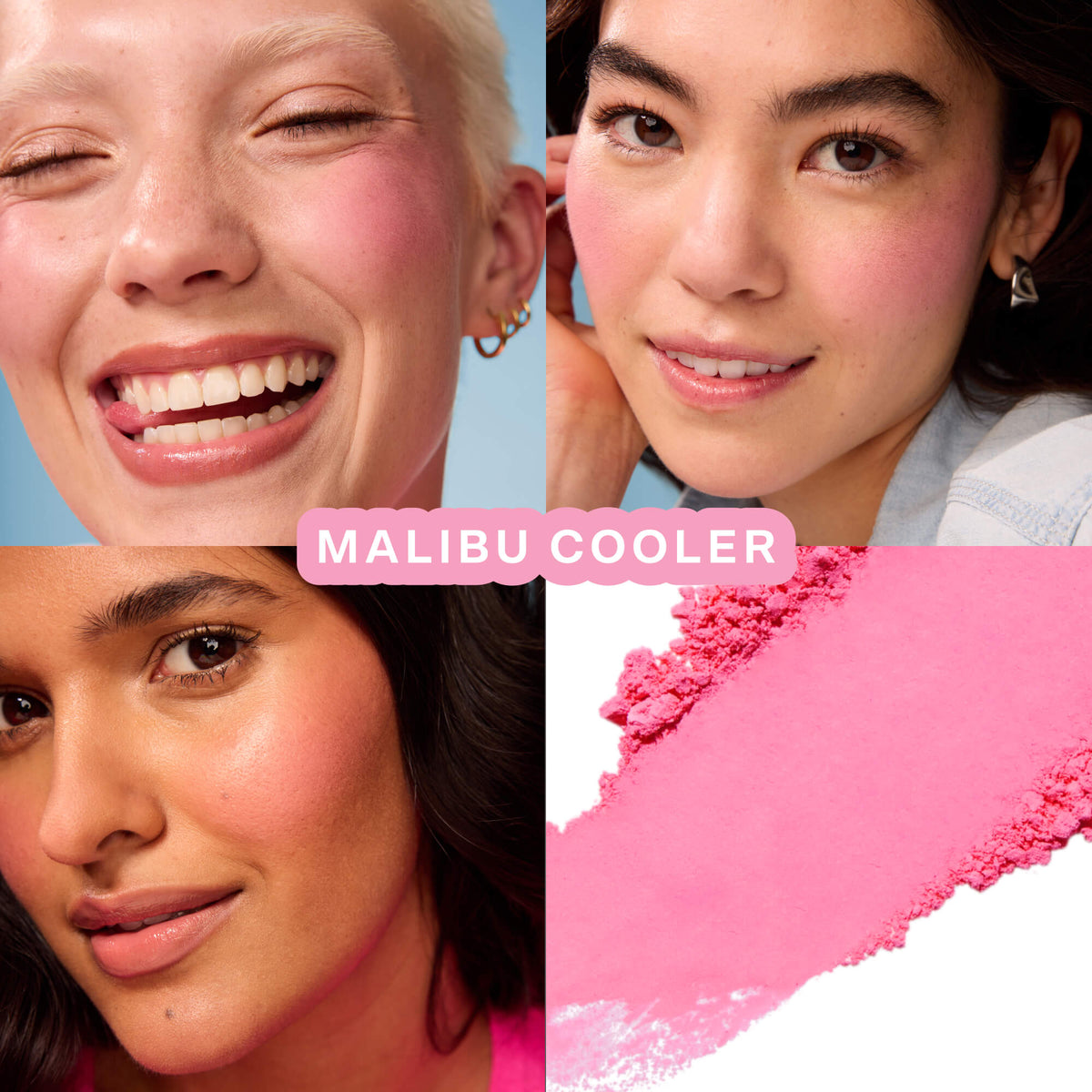 Various shots of Tower 28 Beauty’s GetSet Powder Blush in the shade Malibu Cooler are shown, including swatches on different skin tones, open compacts, and a crushed pink pigment. [Malibu Cooler]