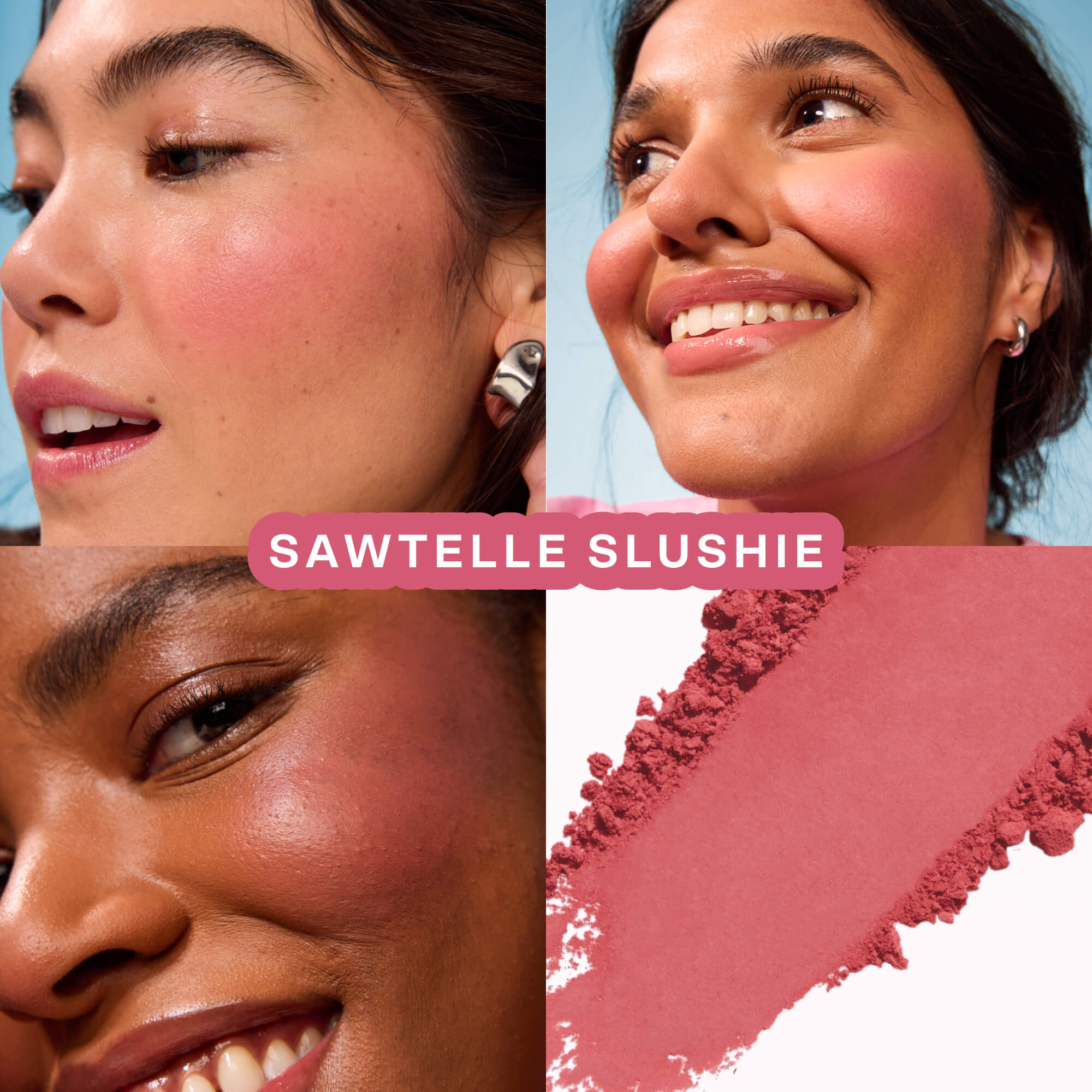 Various shots of Tower 28 Beauty’s GetSet Powder Blush in the shade Sawtelle Slushie are shown, including swatches on different skin tones, open compacts, and a crushed rose pigment. [Sawtelle Slushie]