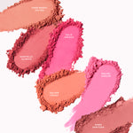 Crushed swatches of all seven Tower 28 Beauty GetSet Powder Blush shades are shown, labeled from top to bottom: Long Beach Iced Tea, Sawtelle Slushie, Feliz Fresca, Culver Crush, Malibu Cooler, Pali Punch, and Samo Spritzer. [Malibu Cooler, Feliz Fresca, Culver Crush, Long Beach Iced Tea, Samo Spritzer, Sawtelle Slushie, Pali Punch]