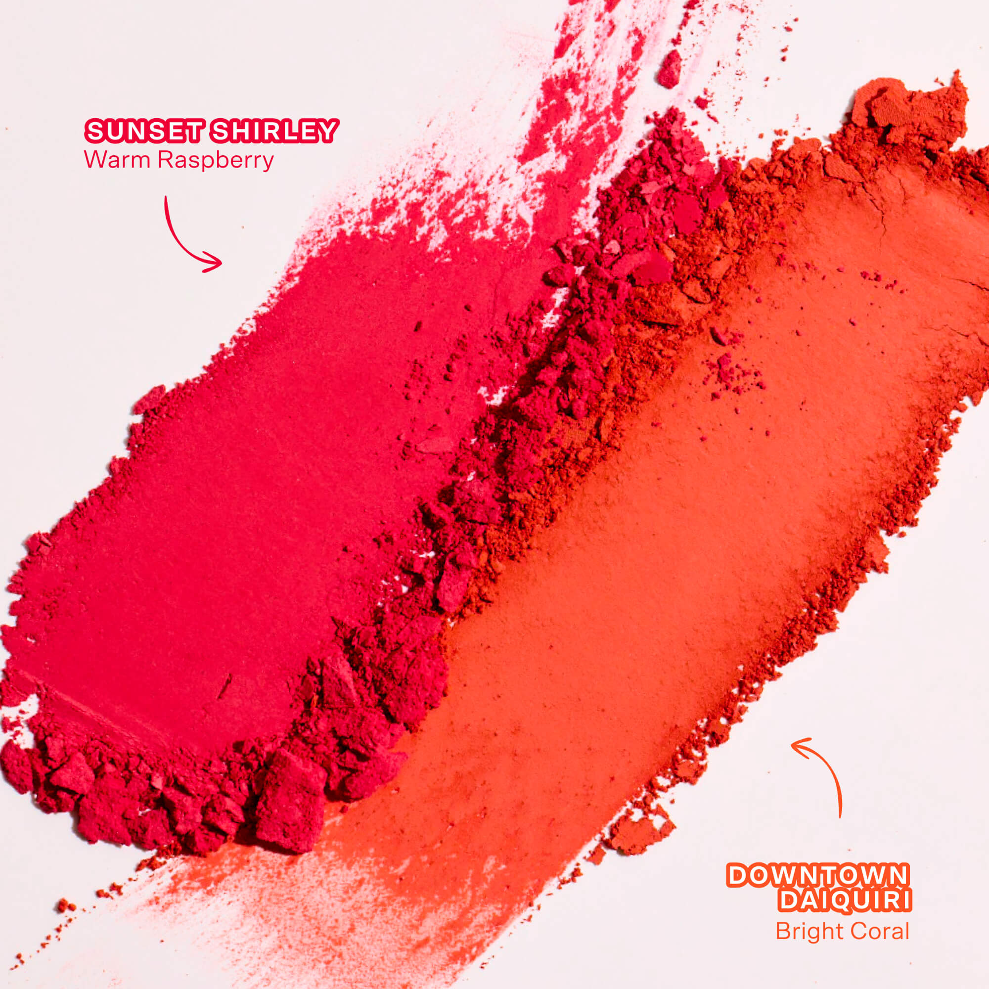 Two shades of red makeup swatches labeled 'Sunset Shirley' and 'Downtown Daiquiri' on a white background. [Downtown Daiquiri x Toni Bravo, Sunset Shirley x Toni Bravo]