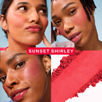 Collage of a woman with blush on her cheeks, showing close-up views and a swatch of the blush color.  [Sunset Shirley x Toni Bravo]