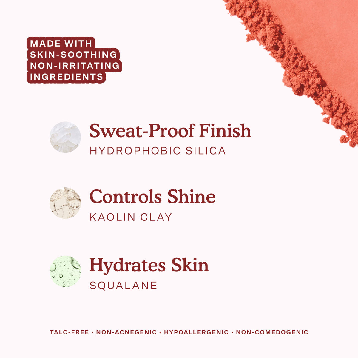 A swatch of Tower 28 Beauty’s GetSet Powder Blush in the shade Culver Crush is shown alongside ingredient highlights: hydrophobic silica for a sweat-proof finish, kaolin clay to control shine, and squalane to hydrate skin. The formula is talc-free, non-acnegenic, hypoallergenic, and non-comedogenic. [Culver Crush]