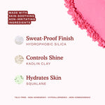 A swatch of Tower 28 Beauty’s GetSet Powder Blush in the shade Malibu Cooler is shown alongside ingredient highlights: hydrophobic silica for a sweat-proof finish, kaolin clay to control shine, and squalane to hydrate skin. The formula is talc-free, non-acnegenic, hypoallergenic, and non-comedogenic. [Malibu Cooler]