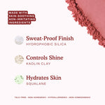 A swatch of Tower 28 Beauty’s GetSet Powder Blush in the shade Samo Spritzer is shown alongside ingredient highlights: hydrophobic silica for a sweat-proof finish, kaolin clay to control shine, and squalane to hydrate skin. The formula is talc-free, non-acnegenic, hypoallergenic, and non-comedogenic. [Samo Spritzer]