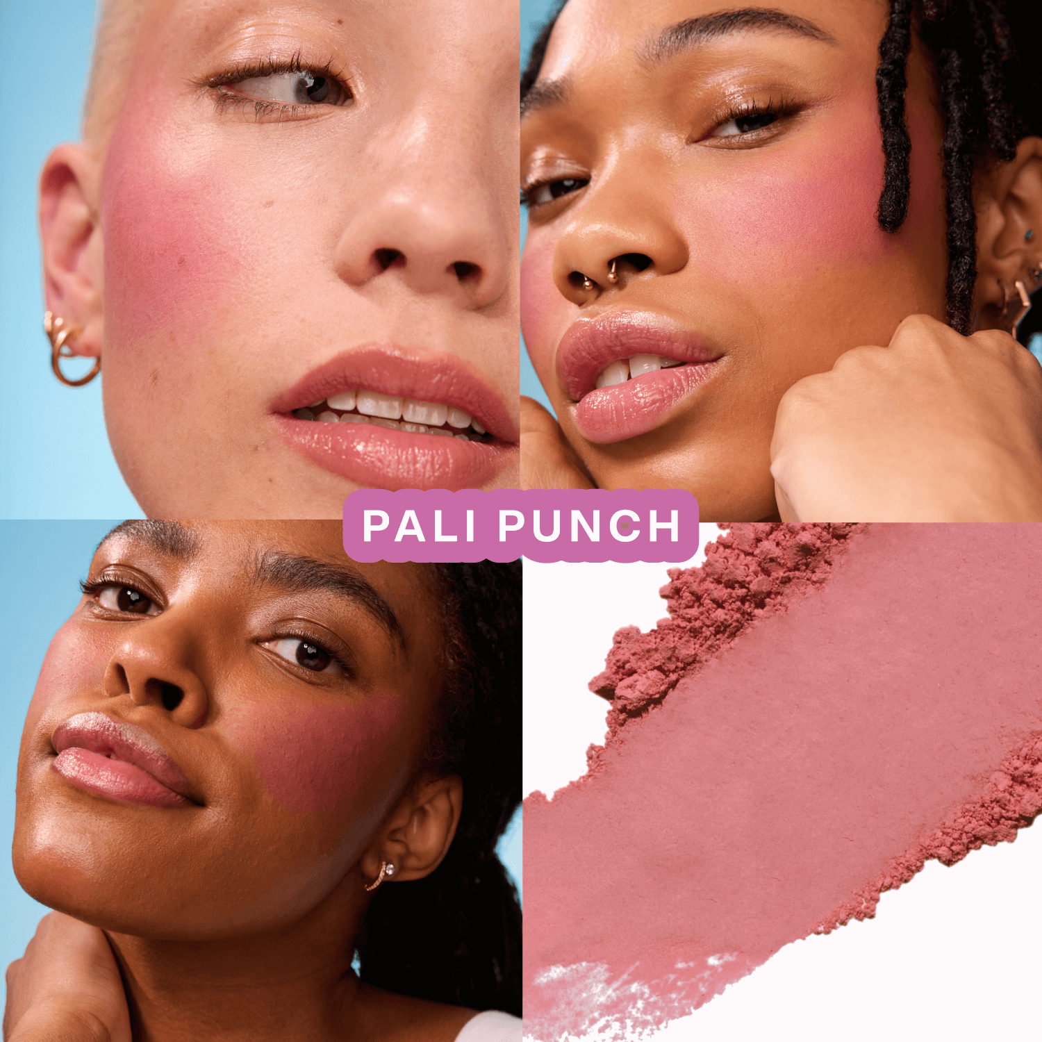 Various shots of Tower 28 Beauty’s GetSet Powder Blush in the shade Pali Punch are shown, including swatches on different skin tones, open compacts, and a crushed lavender pigment. [Pali Punch]