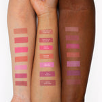 Swatches of Tower 28 Beauty’s GetSet Powder Blush are shown on three skin tones, displaying all seven shades: Long Beach Iced Tea, Sawtelle Slushie, Feliz Fresca, Culver Crush, Malibu Cooler, Pali Punch, and Samo Spritzer. [Malibu Cooler, Feliz Fresca, Culver Crush, Long Beach Iced Tea, Samo Spritzer, Sawtelle Slushie, Pali Punch]