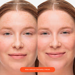 Before and after comparison of a person’s face shows the visible results of applying Tower 28 Beauty’s SOS FaceGuard SPF 30, highlighting a non-greasy, natural finish and more even-looking skin.  [Shared: SOS FaceGuard SPF 30]
