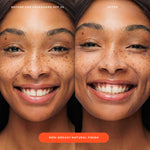 Before and after comparison of a person’s face shows the visible results of applying Tower 28 Beauty’s SOS FaceGuard SPF 30, highlighting a non-greasy, natural finish and more even-looking skin.  [Shared: SOS FaceGuard SPF 30]