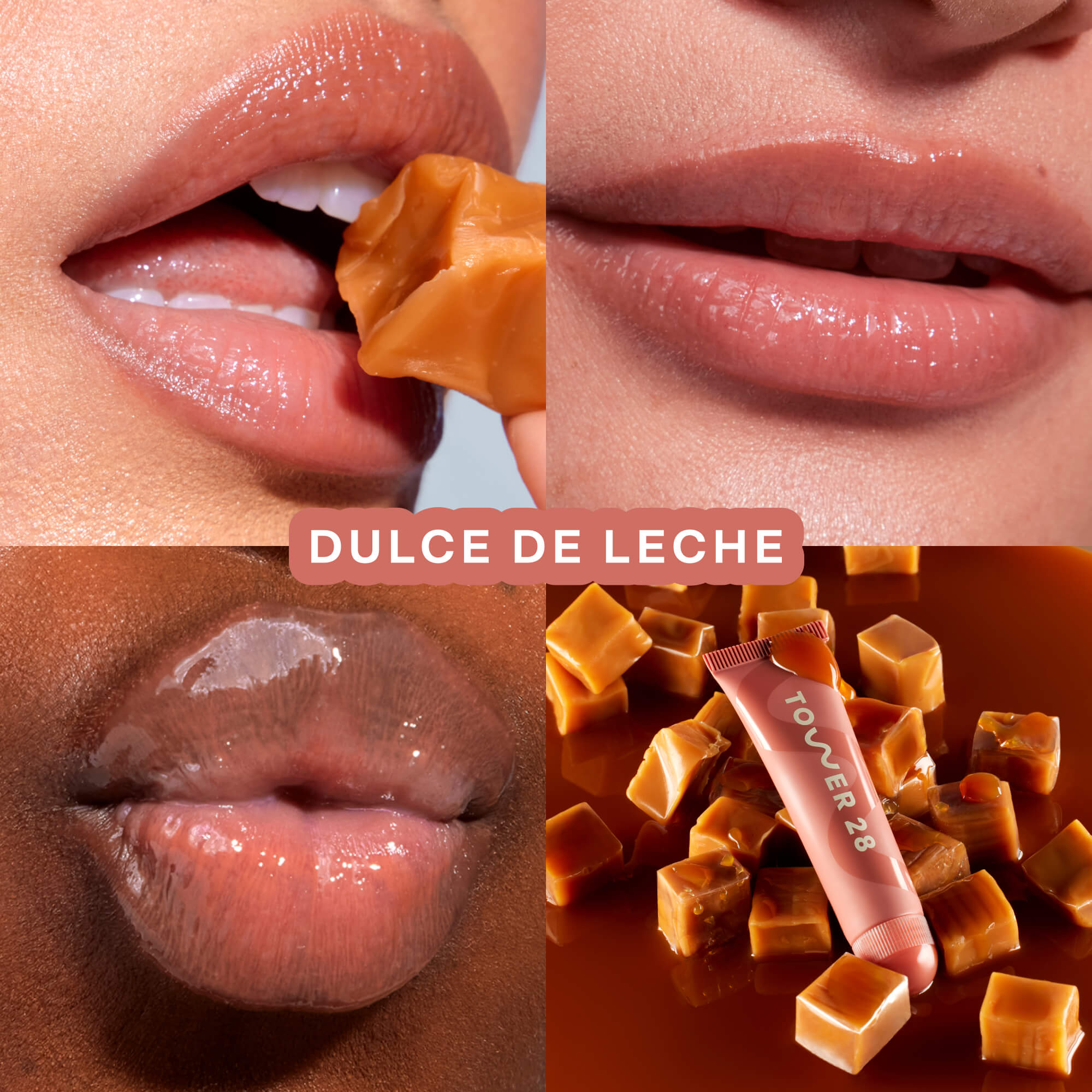 Tower 28 Beauty's LipSoftie™ Lip Treatment in Dulce de Leche applied on three different skin tones. [Dulce de Leche]