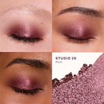 Makeup swatch of 'Studio 28 Plum' eyeshadow on eyelids with a close-up of the product. [Studio 28]