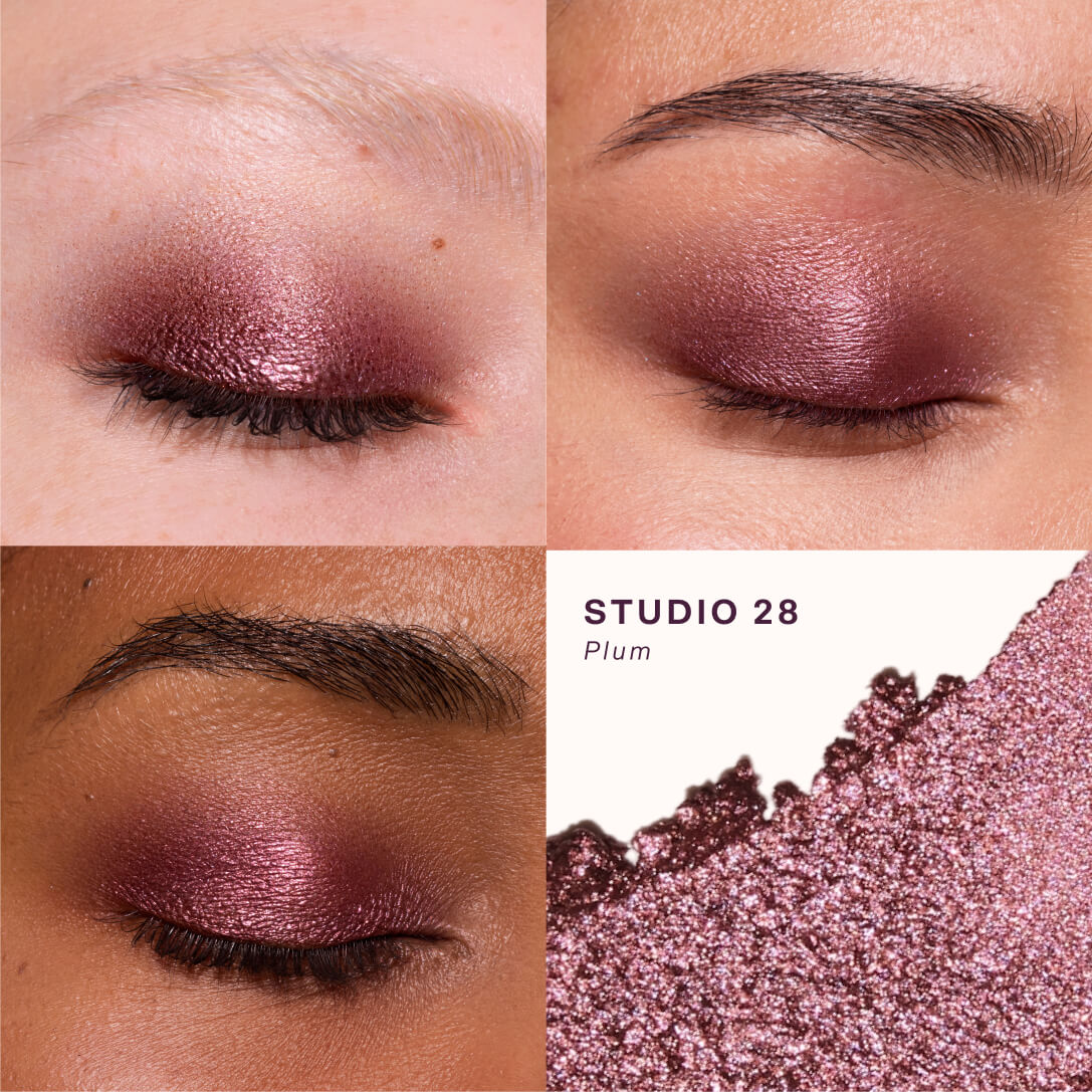 Makeup swatch of 'Studio 28 Plum' eyeshadow on eyelids with a close-up of the product. [Studio 28]