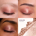 Makeup swatches of 'Avalon True Pink' eyeshadow on a model's eyelids with a close-up of the product. [Avalon]