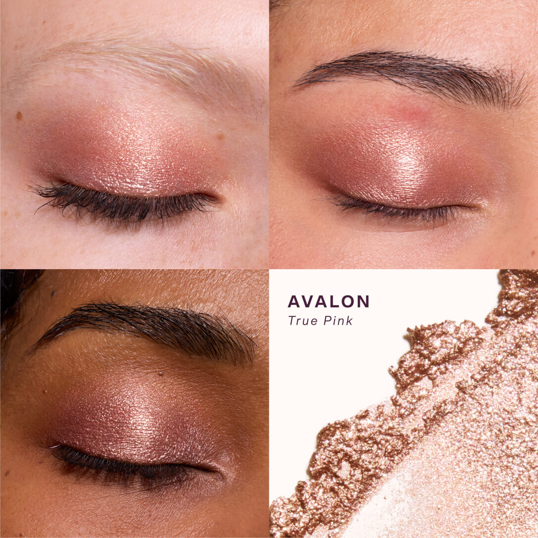 Makeup swatches of 'Avalon True Pink' eyeshadow on a model's eyelids with a close-up of the product. [Avalon]