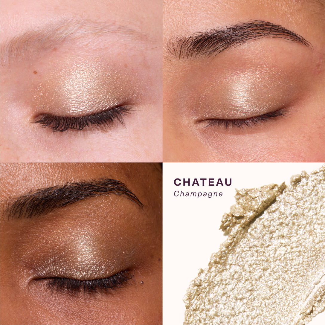 Makeup swatch of 'Chateau Champagne' eyeshadow on a model's eyelid with close-up of product. [Chateau]