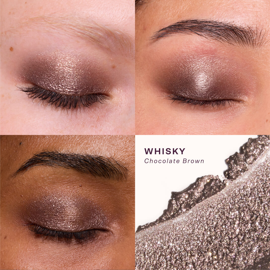 Close-up of eye makeup with 'Whisky Chocolate Brown' eyeshadow on a neutral background. [Whisky]