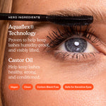 Mascara with an eye close-up, highlighting Aquaflex Technology and Castor Oil benefits. [Shared]