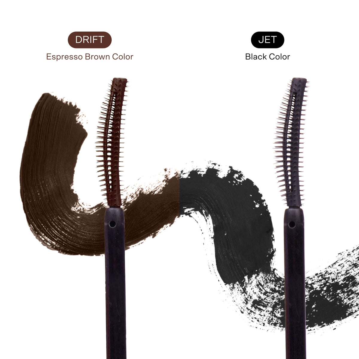 Two mascara brushes with espresso brown and black color swatches on a white background. [Shared]