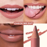 Close-up shots of lips wearing Tower 28 Beauty’s OneLiner Lip Liner in the shade Check Me Out across different skin tones. [Check Me Out]