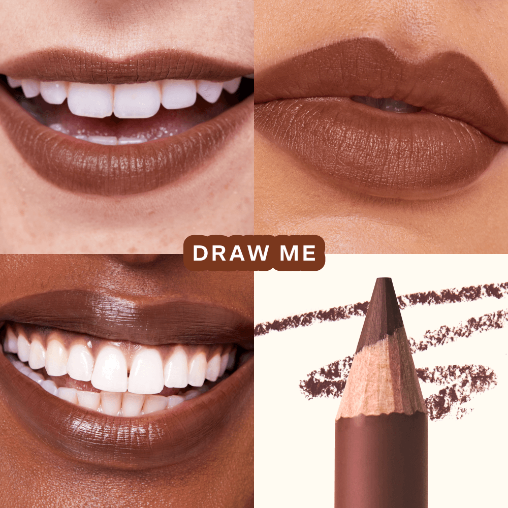 Close-up shots of lips wearing Tower 28 Beauty’s OneLiner Lip Liner in the shade Draw Me across different skin tones. [Draw Me]