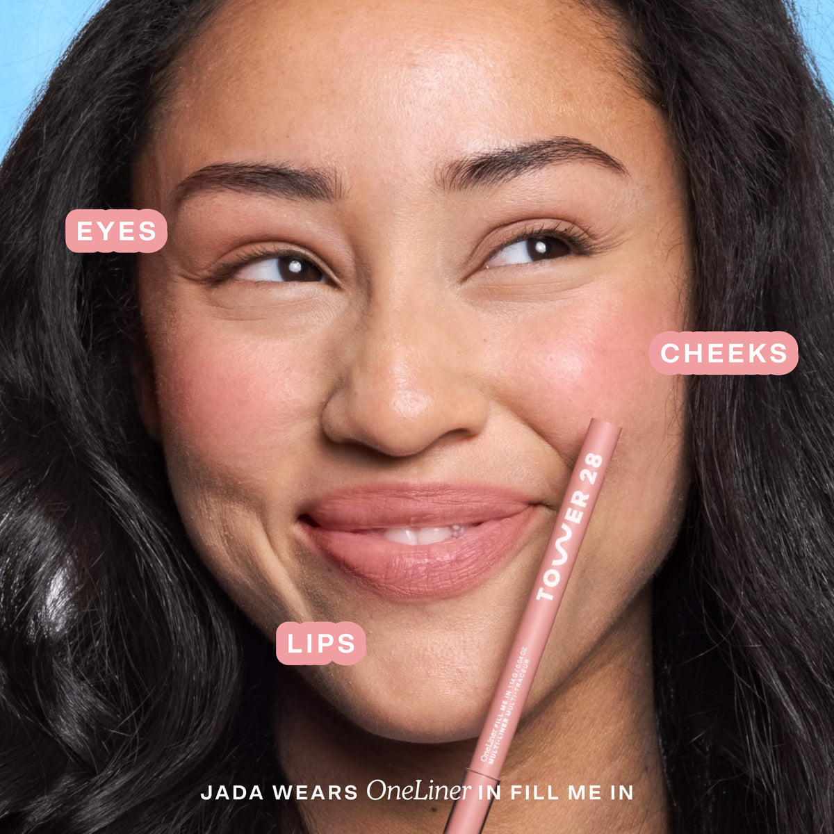 Shade: OneLiner in Fill Me In + ShineOn Lip Jelly in Oat [Model wears the Peachy Pink Duo]