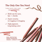Tower 28 Beauty’s OneLiner Lip Liners are shown alongside text highlighting their multi-use formula for eyes, lips, and cheeks. Key features include a super creamy texture, high-pigment color, and long-lasting wear. The formula is non-irritating, dermatologist-approved, vegan, and cruelty-free. [Shared]