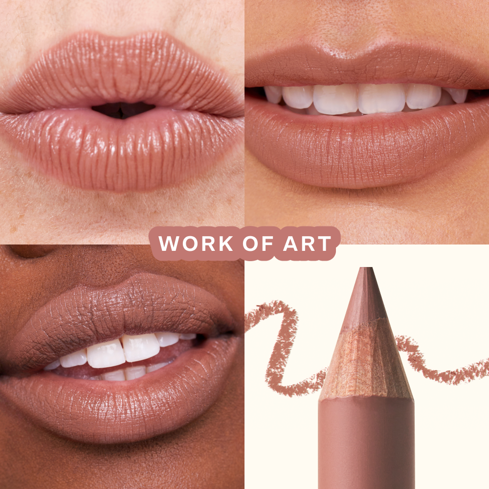 Close-up shots of lips wearing Tower 28 Beauty’s OneLiner Lip Liner in the shade Work of Art across different skin tones. [Work of Art]
