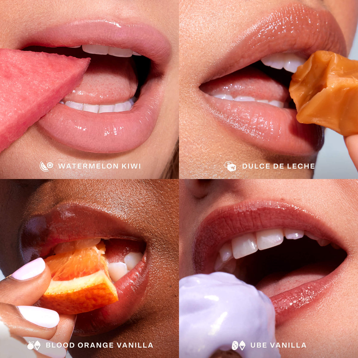 A close up of a model holding Tower 28 Beauty's LipSoftie® Lip Treatment x 4 (Blood Orange Vanilla, Watermelon Kiwi, Dulce de Leche, and Ube Vanilla) and wearing it on her lips.