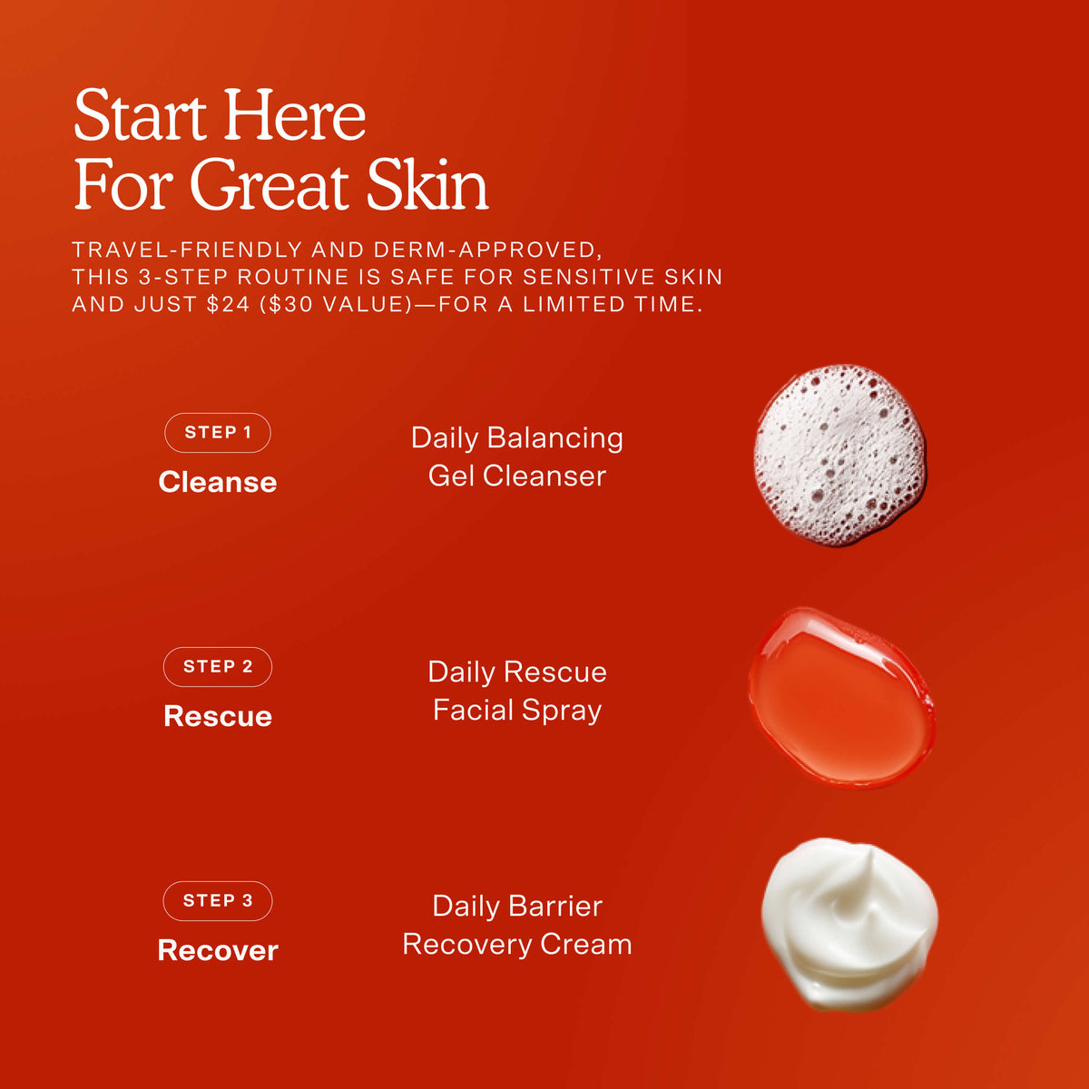 Skincare routine guide with products and steps on a red background [Shared]