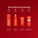 Four Tower 28 Beauty products are shown as part of the “SOS Rescue Routine”: SOS Gentle Gel Cleanser, SOS Rescue Facial Spray, SOS Barrier Recovery Cream, and SOS FaceGuard SPF 30 PA+++.  [Shared: SOS FaceGuard SPF 30]
