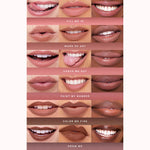 A shade comparison of Tower 28 Beauty’s OneLiner Lip Liner range, showing close-ups of lips across different skin tones wearing each shade: Fill Me In, Work of Art, Check Me Out, Paint My Number, Color Me Fine, and Draw Me. [Shared]