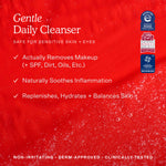 Advertisement for a gentle daily cleanser on a red background with product features listed. [Shared]