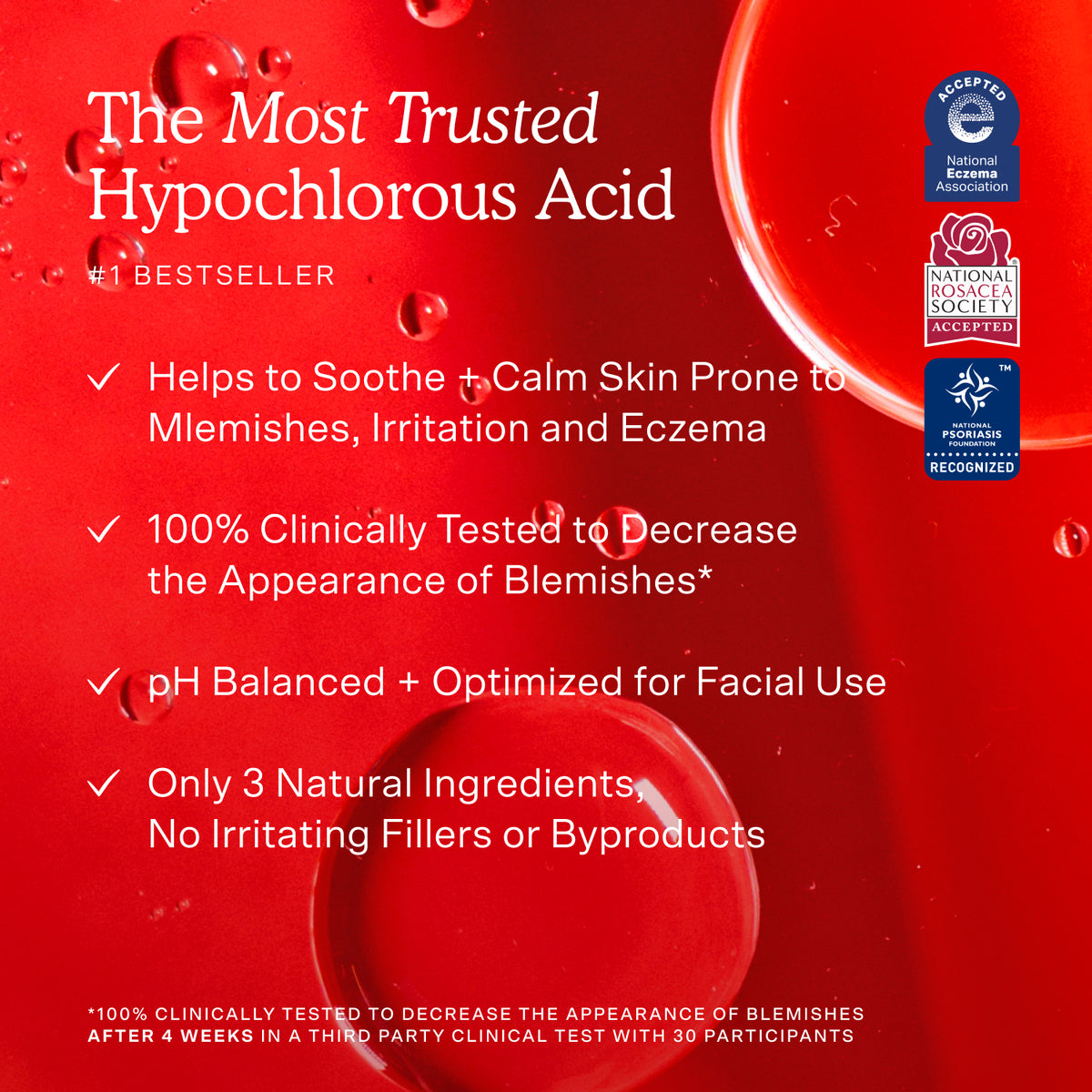 Advertisement for hypochlorous acid with text and droplets on a red background [Shared]
