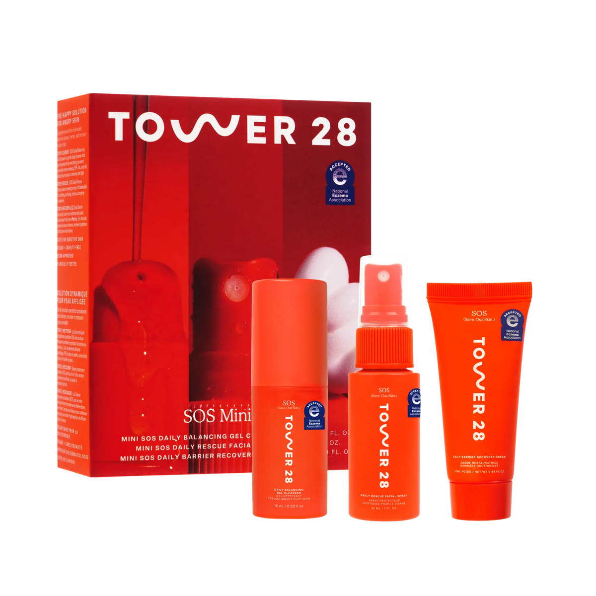 Tower 28 skincare product set with red packaging on a white background [Shared]
