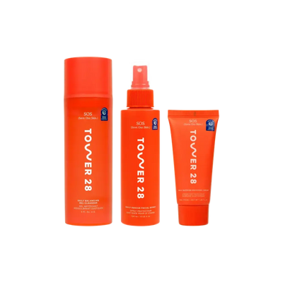 Tower 28 Beauty SOS 3-Step Skincare Kit: SOS Gel Cleanser, SOS Rescue Spray, and SOS Recovery Cream. [Shared]