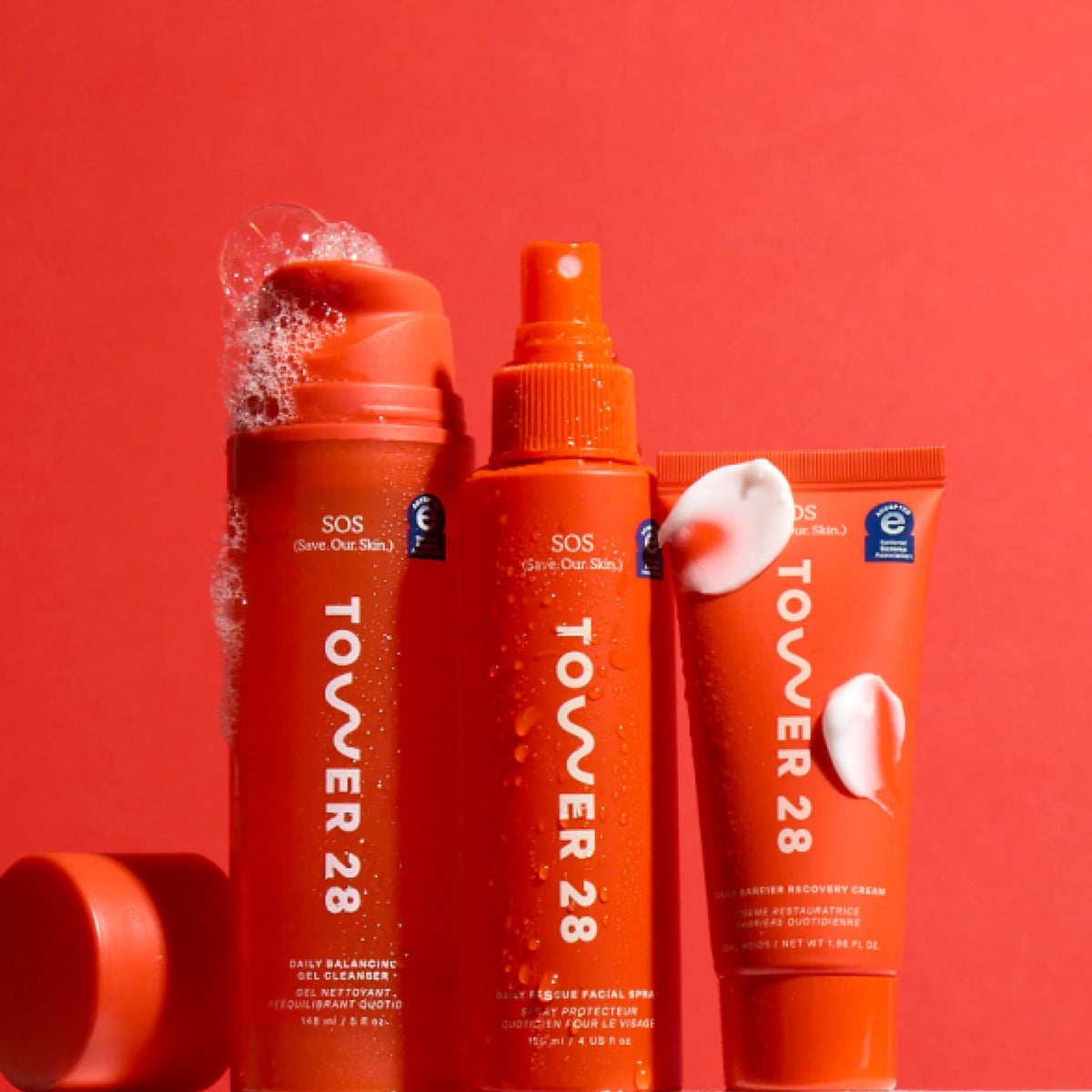 Tower 28 Beauty SOS 3-Step Skincare Kit: SOS Gel Cleanser, SOS Rescue Spray, and SOS Recovery Cream. [Full-Size Set]