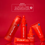 The complete Tower 28 SOS skincare line, featuring the SOS Gel Cleanser, SOS Rescue Spray, SOS Recovery Cream, SOS Rescue Serum, and SOS LipSoftie. Text highlights that all bottles and tubes are made from 100% PCR (recycled plastic). [Shared]