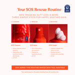 Tower 28 Beauty SOS Rescue Routine in three steps: Cleanse with SOS Cleanser, Rescue with SOS Spray, and Recover with SOS Cream. Each step includes key product benefits and pH levels. A highlighted statement notes that 94% agree this routine makes skin feel soothed. [Shared]