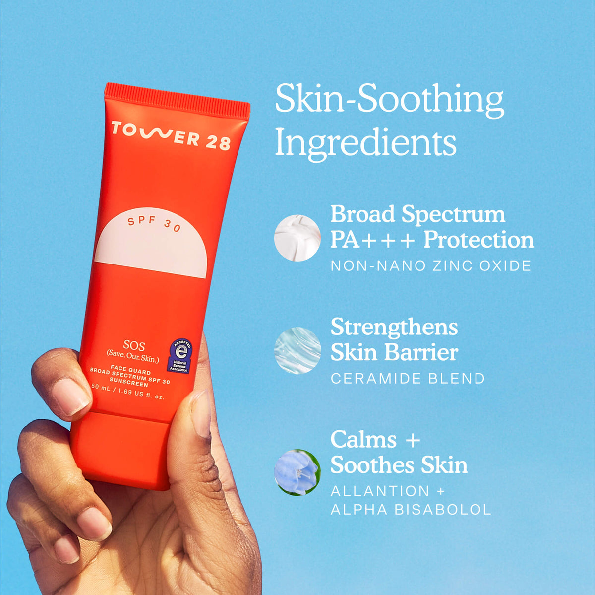 A hand holds up a bottle of Tower 28 Beauty's SOS FaceGuard SPF 30. Text highlights key ingredients that offer skin-soothing benefits: non-nano zinc oxide for broad spectrum PA+++ protection, a ceramide blend to strengthen the skin barrier, and allantoin with alpha bisabolol to calm and soothe.  [Shared: SOS FaceGuard SPF 30]
